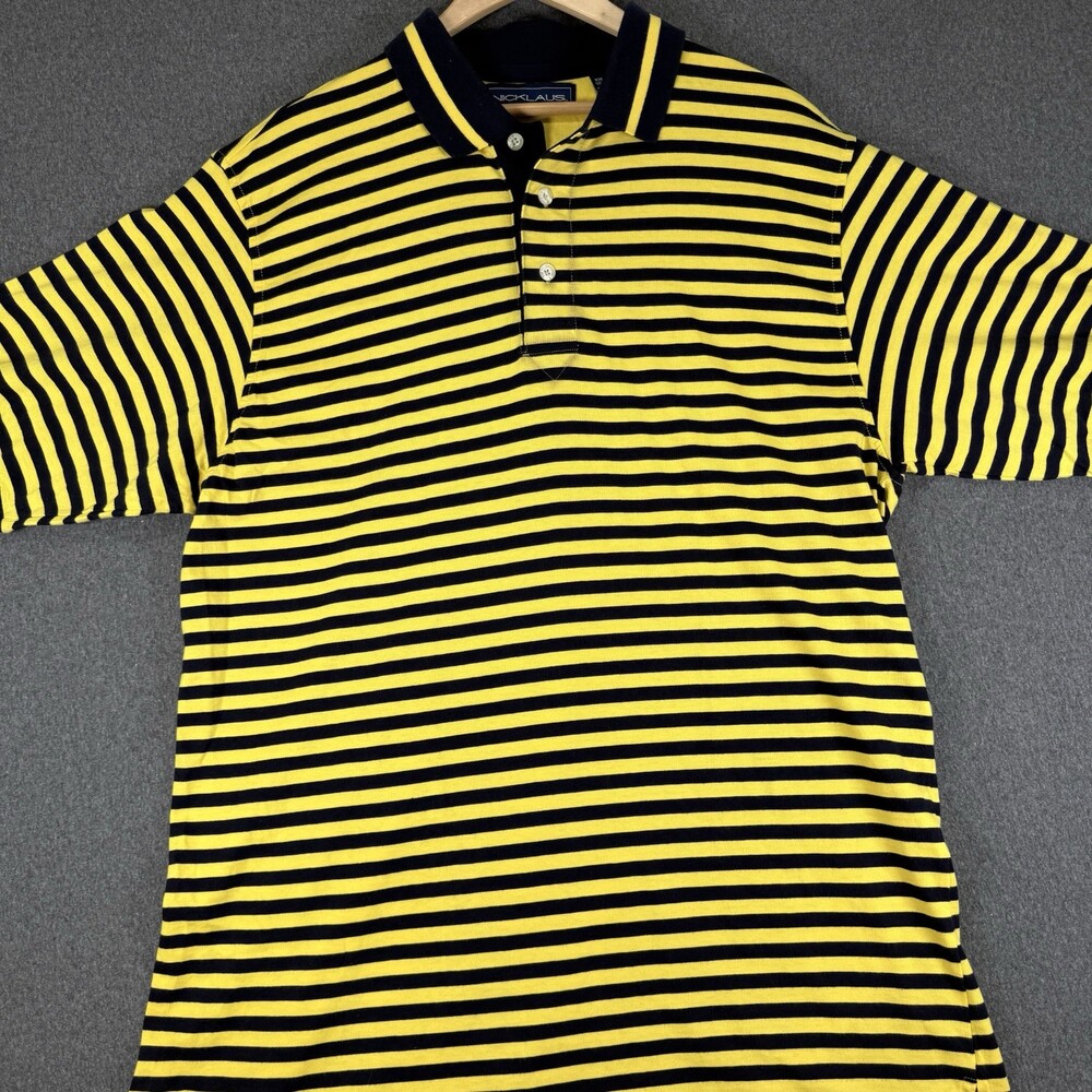 Nicklaus Mens XXL Yellow Navy Striped Golf Polo Shirt Short Sleeve 100% Cotton
